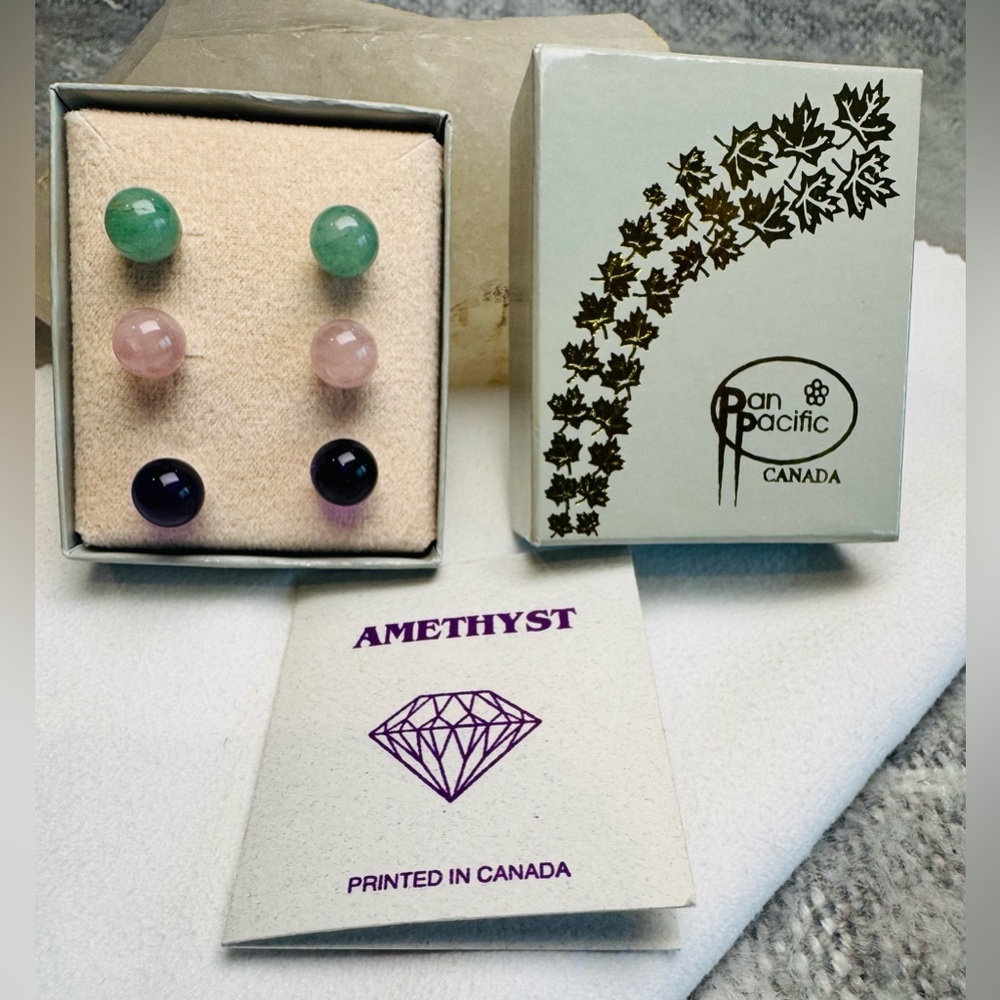Amethyst,Jade, Rose Quartz Stud Earrings Set from Pan Pacific Vancouver BC NWOT - Picture 2 of 12